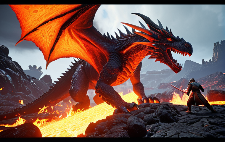 **
A group of adventurers strategically positioned around a Lava Dragon during a HIT2 weekly boss fight. Focus on the dynamic movement and elemental effects (fire). Include health bars and UI elements to suggest a game screen.
**