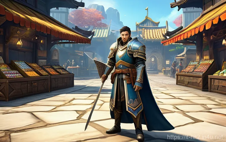 히트2 한국 서버 현황 - **Prompt:** "A vibrant, bustling in-game marketplace within a fantasy MMORPG, specifically designed ...