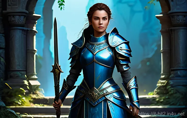 히트2 고급 사냥터 추천 - **Prompt:** A brave and determined female warrior, approximately 25-30 years old, stands at the entr...