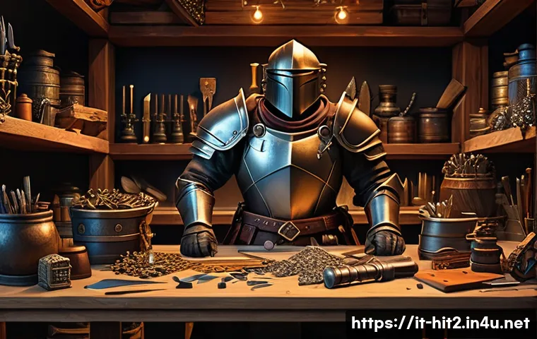 히트2 아이템 분해 효율 - A detailed fantasy RPG workshop scene focused on item dismantling, featuring a skilled character in ...