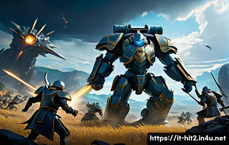 히트2 길드전 필승법 - A dynamic battle scene featuring a well-balanced fantasy guild team in the midst of combat: a sturdy...