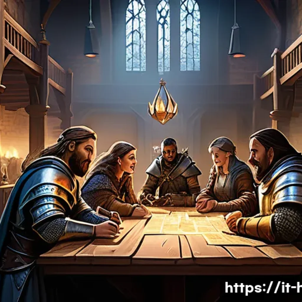 히트2 길드 시스템 이해 - A dynamic scene inside a fantasy guild hall filled with diverse active players coordinating a raid, ...