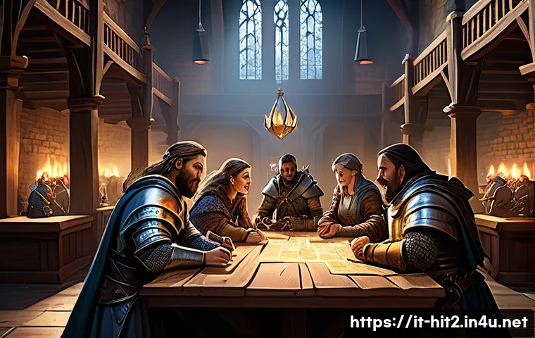 히트2 길드 시스템 이해 - A dynamic scene inside a fantasy guild hall filled with diverse active players coordinating a raid, ...