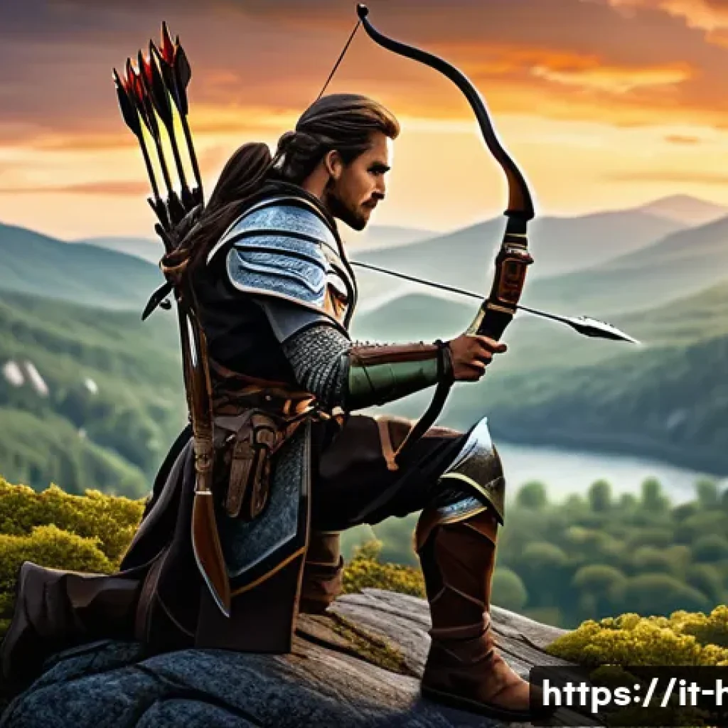히트2 궁수 장비 세팅 - A dynamic fantasy archer character in lightweight hunter armor set, featuring sleek leather and meta...