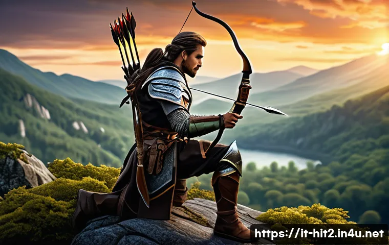 히트2 궁수 장비 세팅 - A dynamic fantasy archer character in lightweight hunter armor set, featuring sleek leather and meta...
