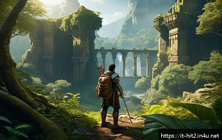 히트2 업적 보상 공략 - A dynamic fantasy game scene featuring a heroic character exploring a vast, detailed open world with...