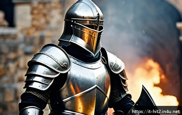 히트2 클래스별 방어구 선택 - A detailed, realistic warrior clad in heavy armor with visible scratches and dents, standing in a ba...