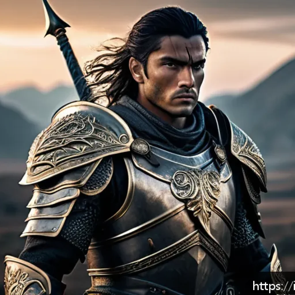 히트2 스킬 포인트 분배법 - A detailed fantasy warrior character standing confidently on a battlefield at dusk, wearing heavy, i...