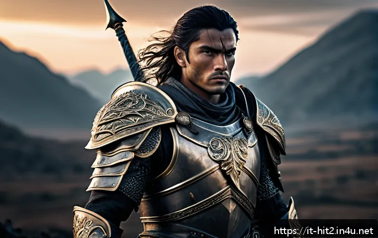 히트2 스킬 포인트 분배법 - A detailed fantasy warrior character standing confidently on a battlefield at dusk, wearing heavy, i...