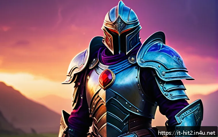 히트2 보석 시스템 가이드 - A heroic fantasy warrior character wearing detailed, high-level armor with multiple glowing gem slot...