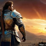 히트2 인기 클래스 순위 - A heroic fantasy warrior clad in heavy, intricately detailed armor standing firmly on a battlefield,...