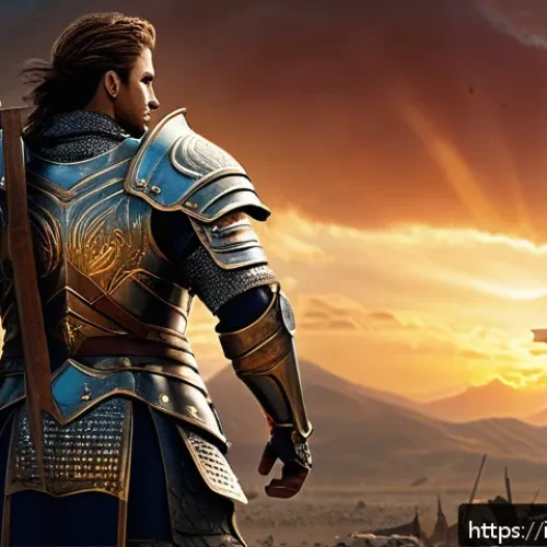 히트2 인기 클래스 순위 - A heroic fantasy warrior clad in heavy, intricately detailed armor standing firmly on a battlefield,...