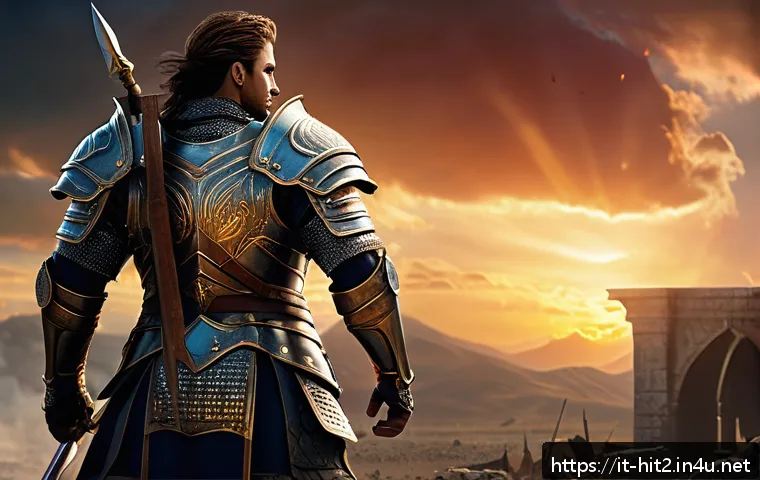 히트2 인기 클래스 순위 - A heroic fantasy warrior clad in heavy, intricately detailed armor standing firmly on a battlefield,...