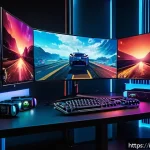 히트2 개발자 코멘터리 - A high-tech gaming setup showcasing the new Hit 2 game engine in action: a sleek, modern gaming PC w...