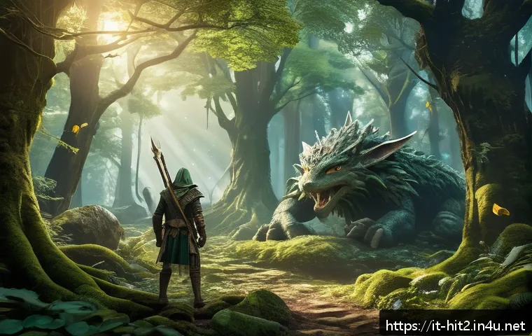 히트2 레벨별 추천 지역 - A vibrant fantasy forest scene inspired by the Elven Forest from Hit2, featuring lush, towering anci...